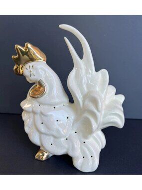 VINTAGE White/Gold Porcelain MCM Chicken/Rooster Hors D'Oeuvre Toothpick Holder